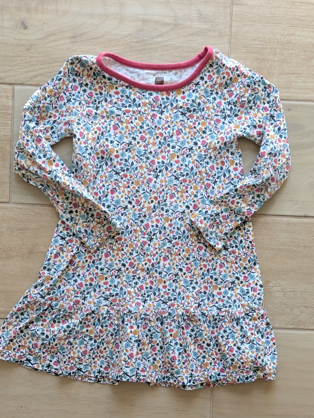Tea Collection Girls' Floral Long Sleeve Dress with Pink Trim